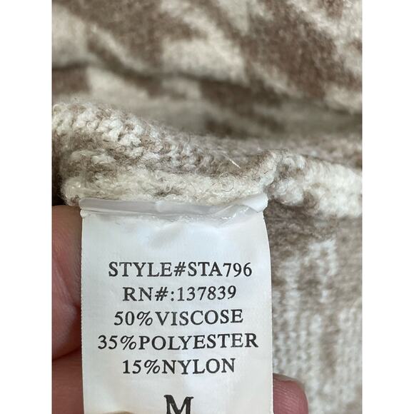 Button Up Houndstooth Cardigan Sweater Long Sleeve Pockets Cream Tan M Granny - Picture 4 of 10